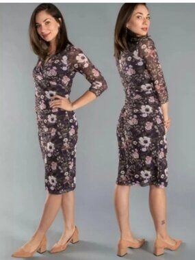 Betabrand Wanderlite Travel Purple Floral Midi Cocktail Dress (Women's Small)